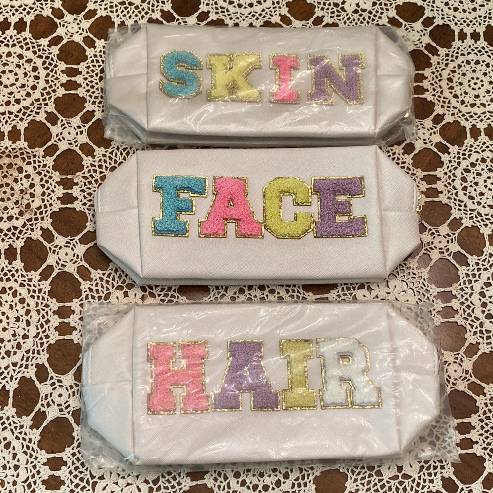 White Cosmetic Bags with Colorful Lettering, set of 3 Good size